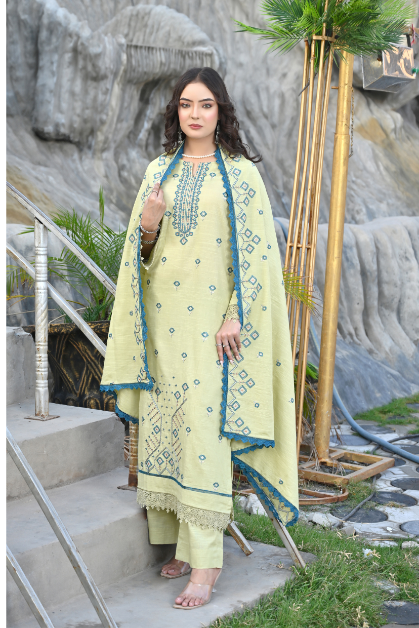 Woman in a light green embroidered outfit standing outdoors with rocks and plants in the background