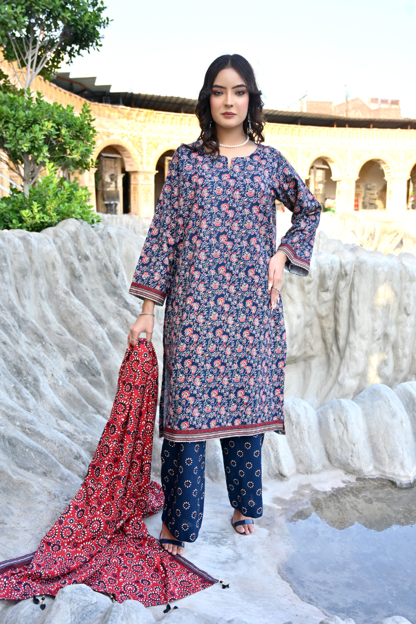 Indigo Bloom 3- Piece Printed Khaddar Suit