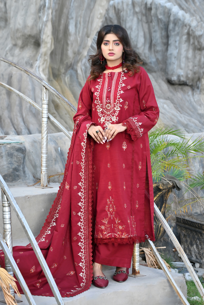Wine Red 3-Piece Embroidered Khaddar Suit