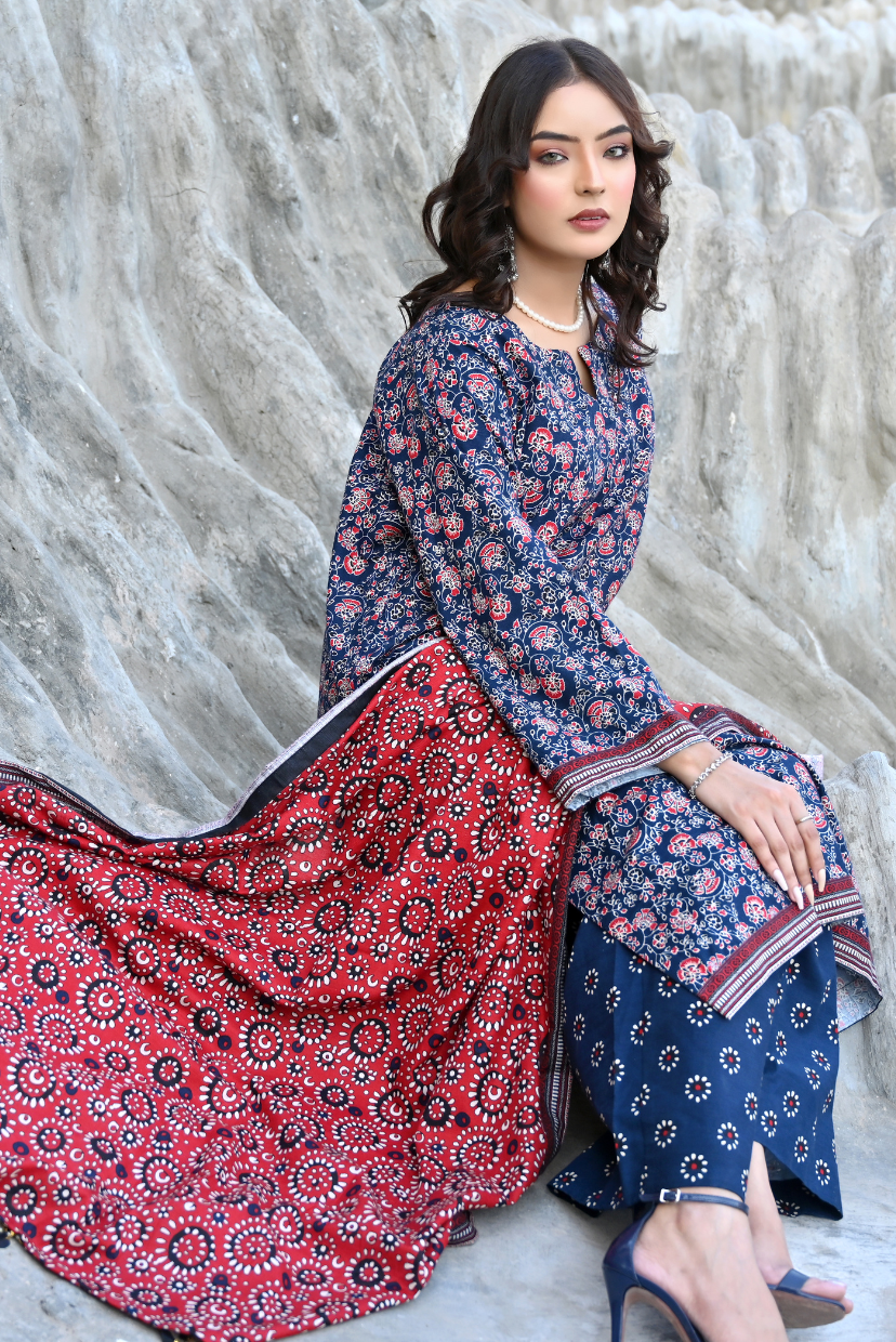 Indigo Bloom 3- Piece Printed Khaddar Suit