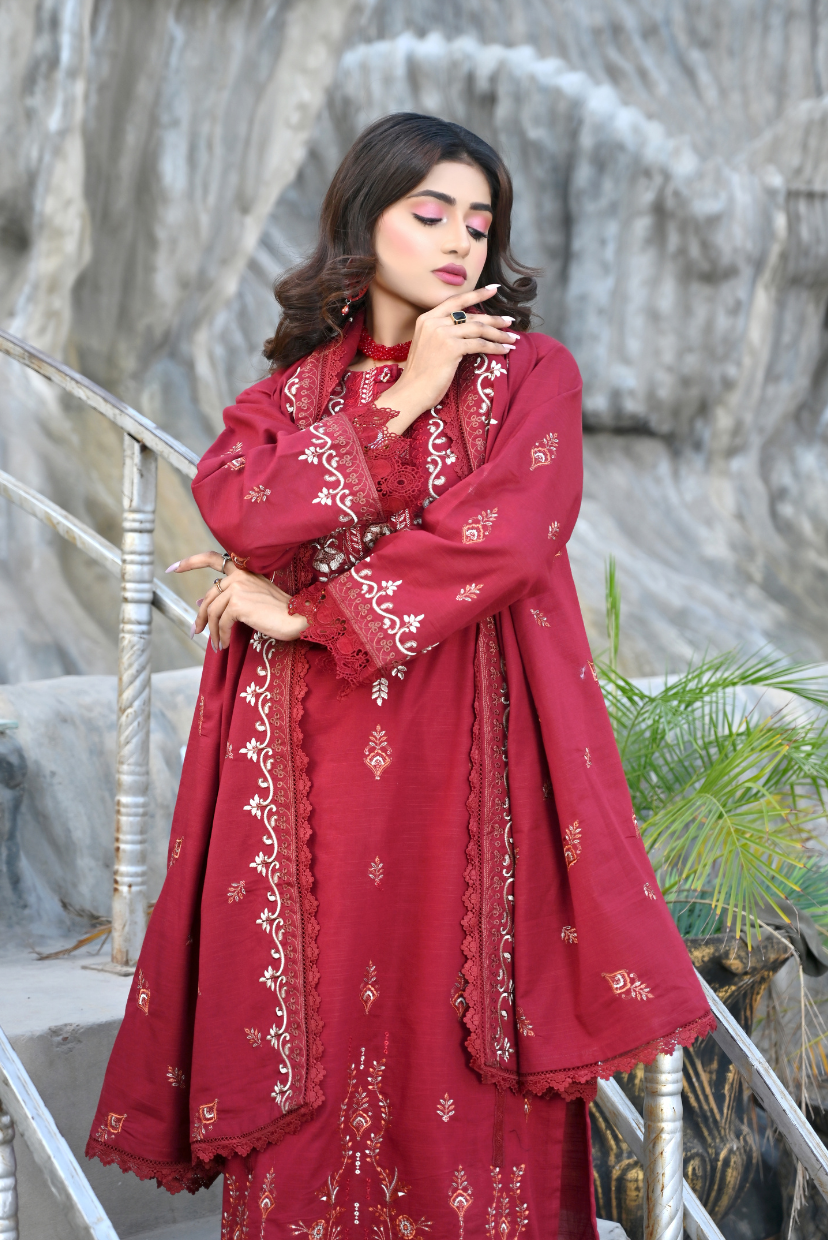 Wine Red 3-Piece Embroidered Khaddar Suit