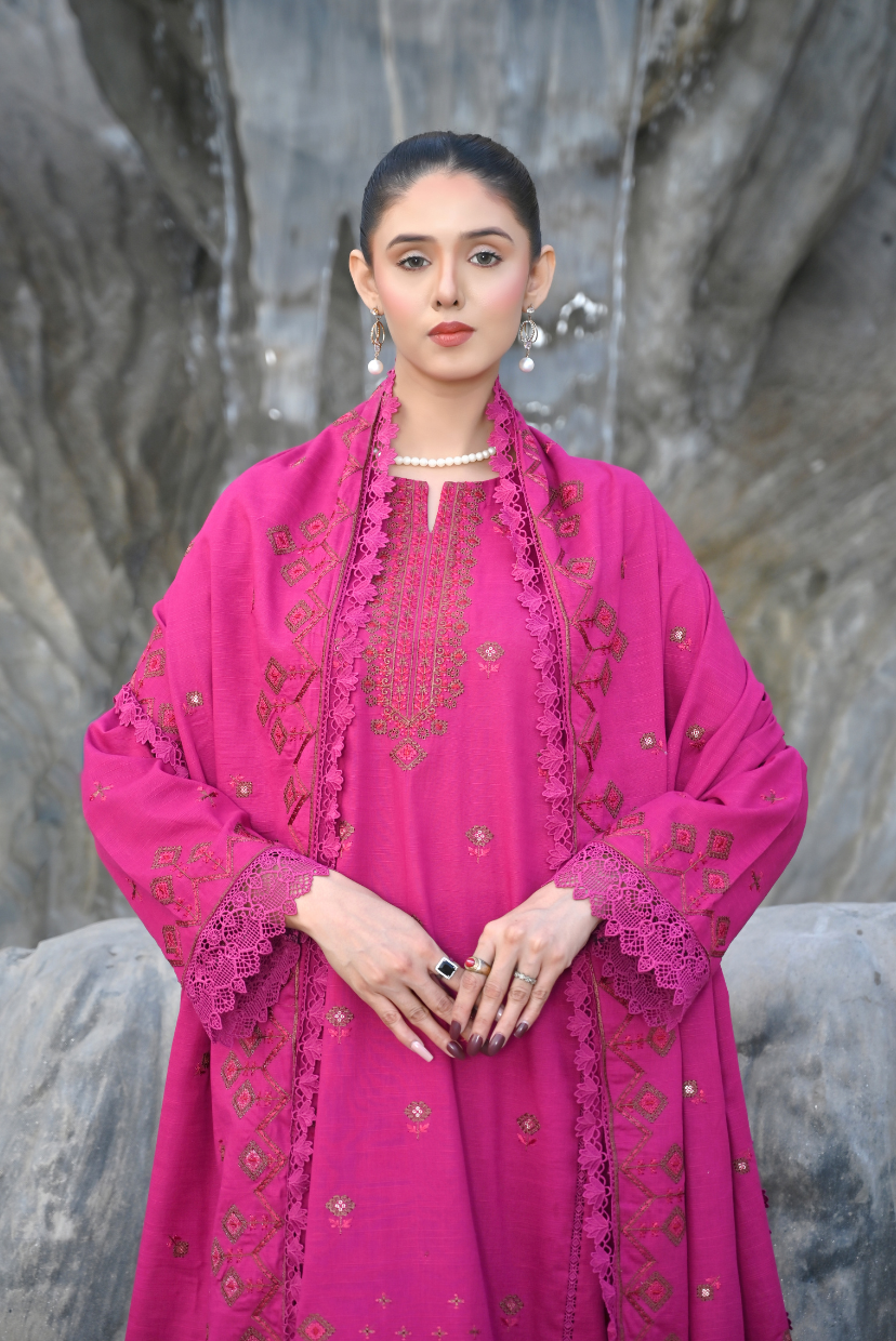 Hot Pink 3-Piece Embroidered Khaddar Suit