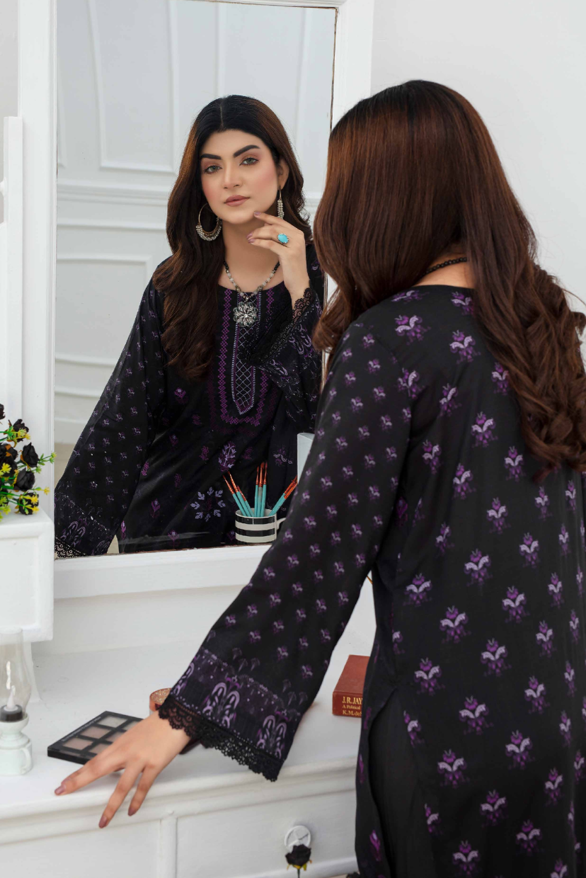 Digital Print Linen Suit with Embroidery