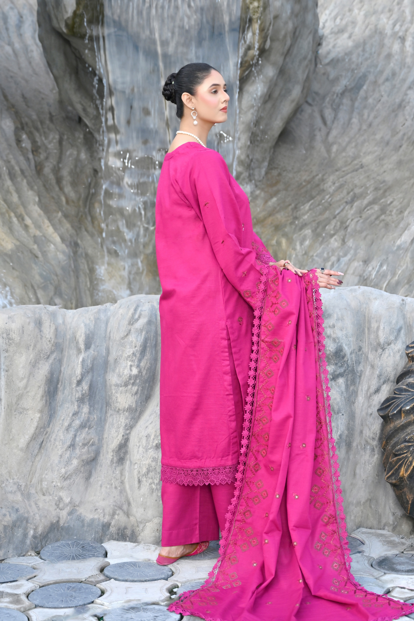 Hot Pink 3-Piece Embroidered Khaddar Suit