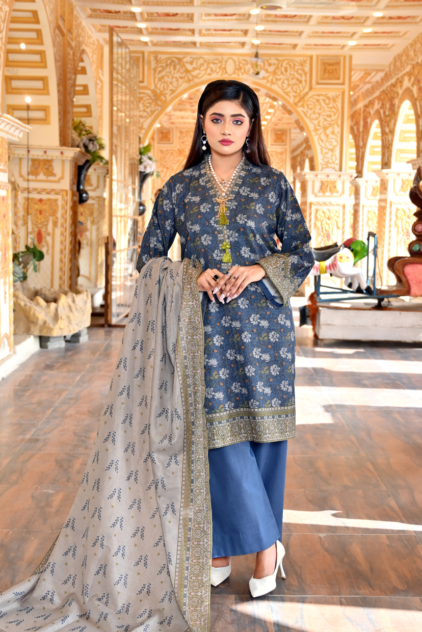 Dusty Blue 3-Piece Masoori Khaddar Suit