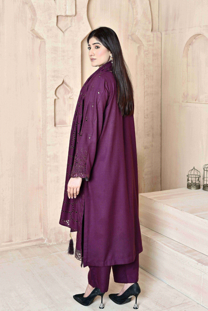 Deep Purple 3-Piece Embroidered Dhanak Suit