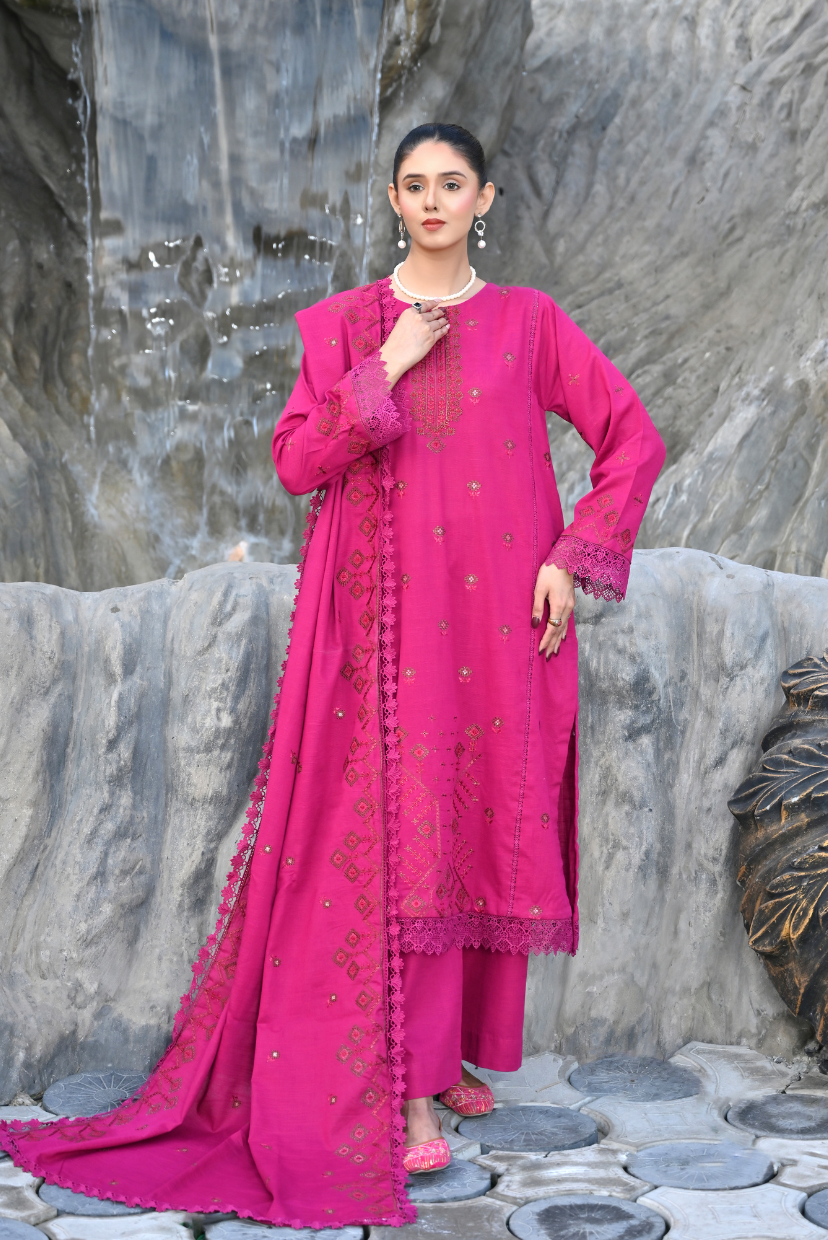 Hot Pink 3-Piece Embroidered Khaddar Suit