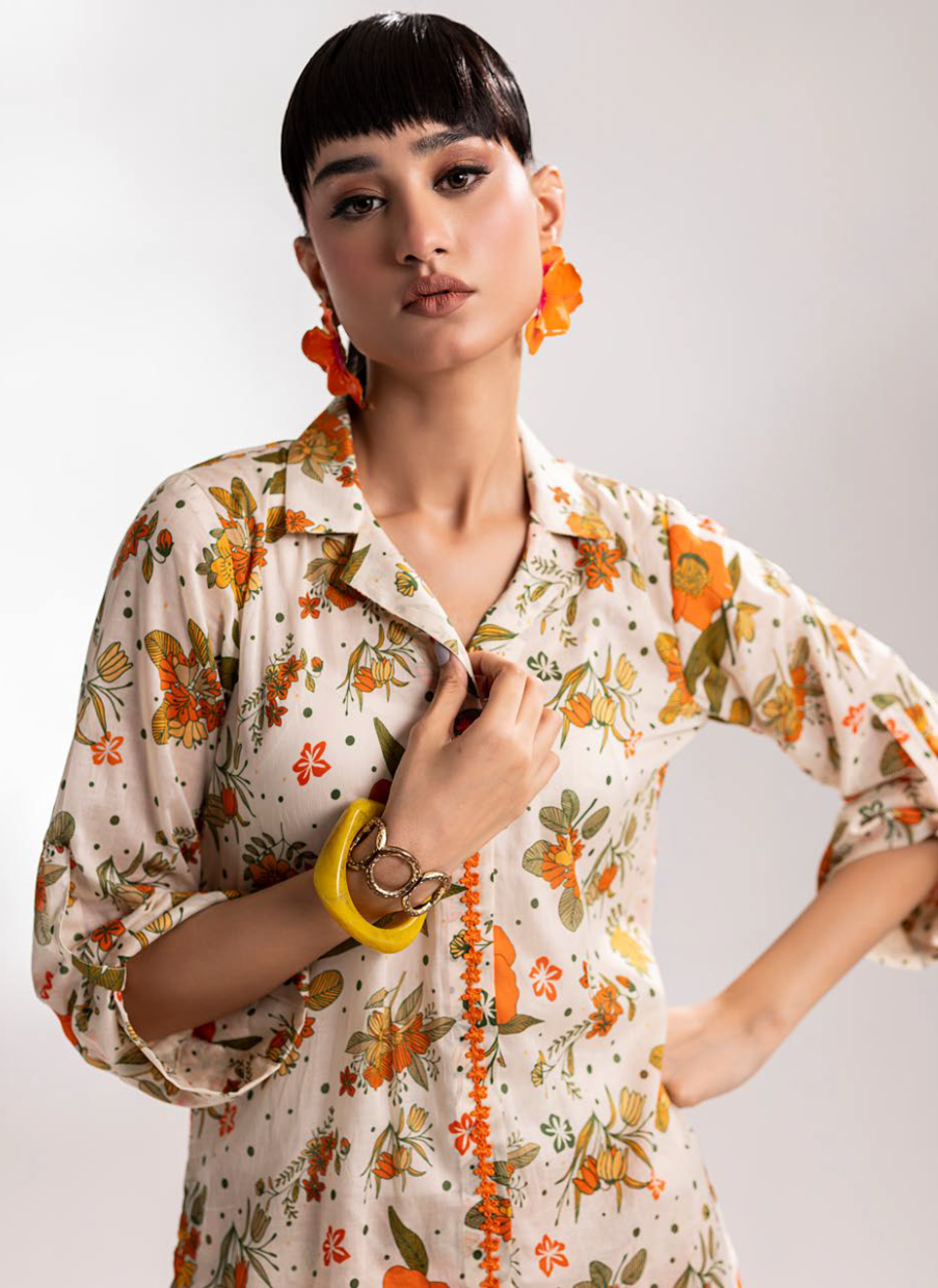 Cream Floral Printed Two-Piece Suit