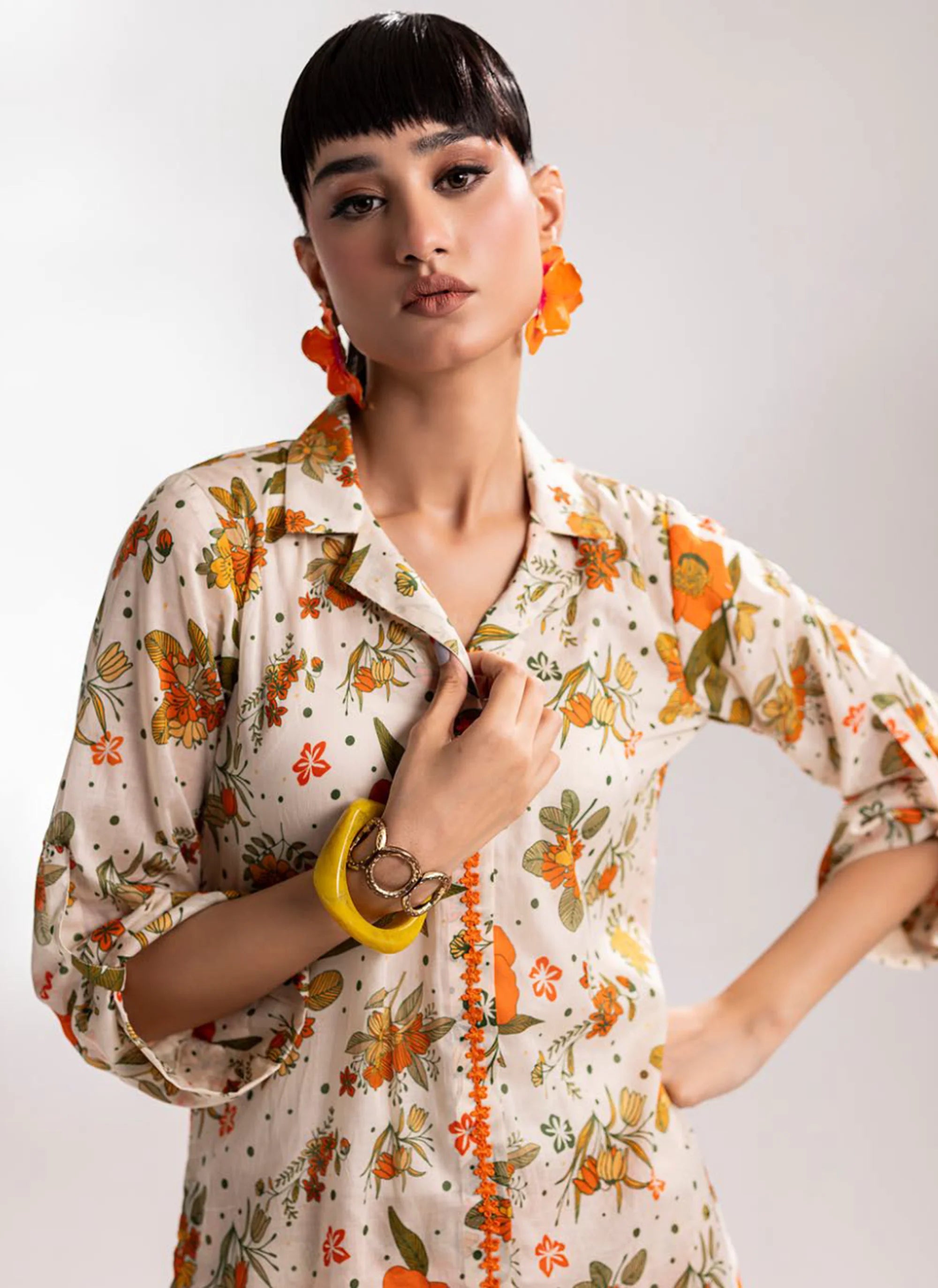 Cream Floral Printed Two-Piece Suit