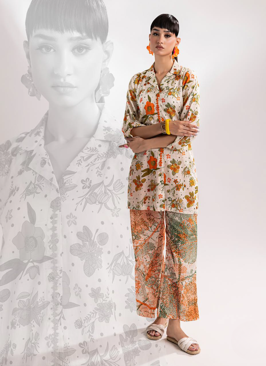 Cream Floral Printed Two-Piece Suit