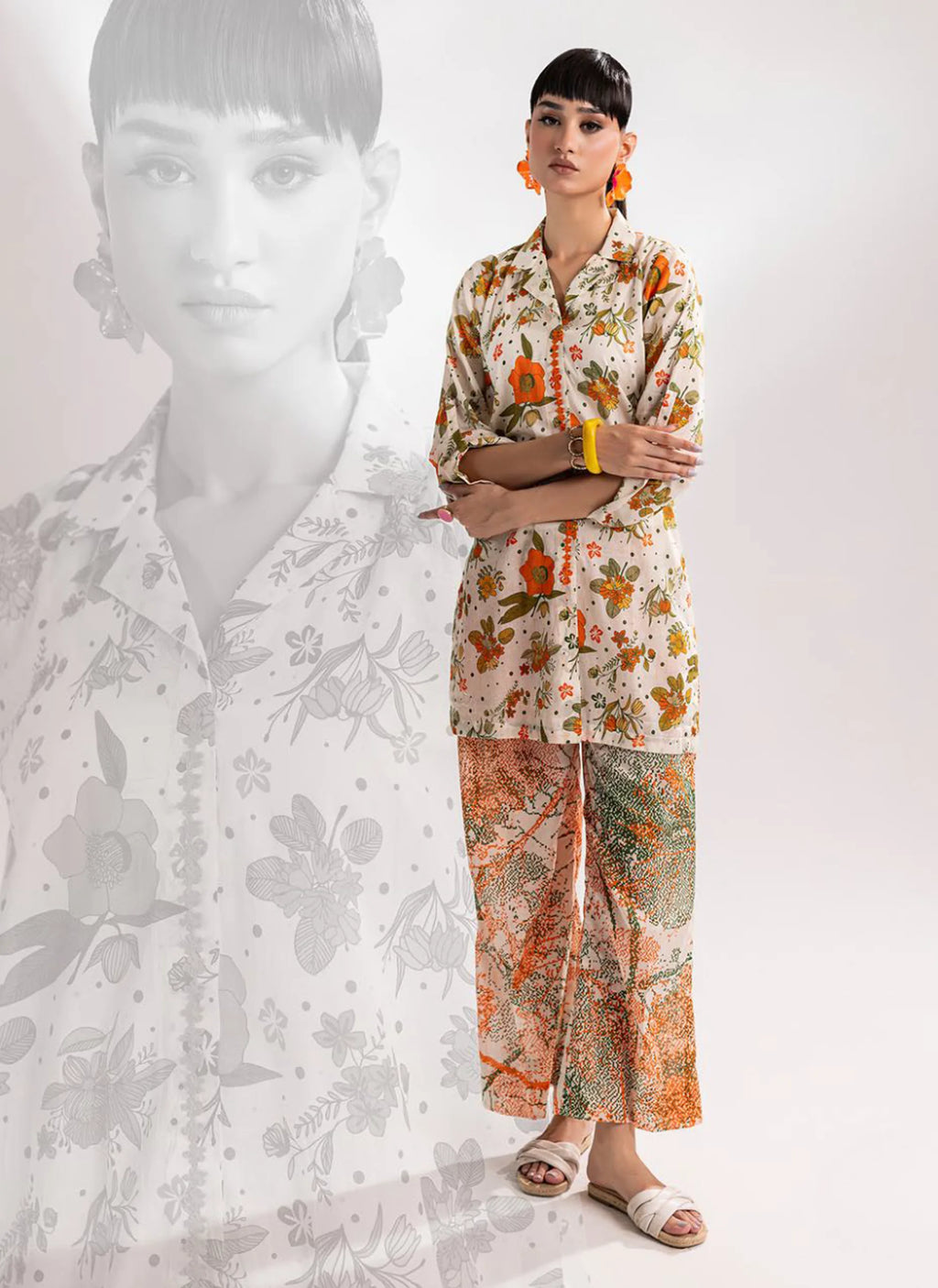 Cream Floral Printed Two-Piece Suit