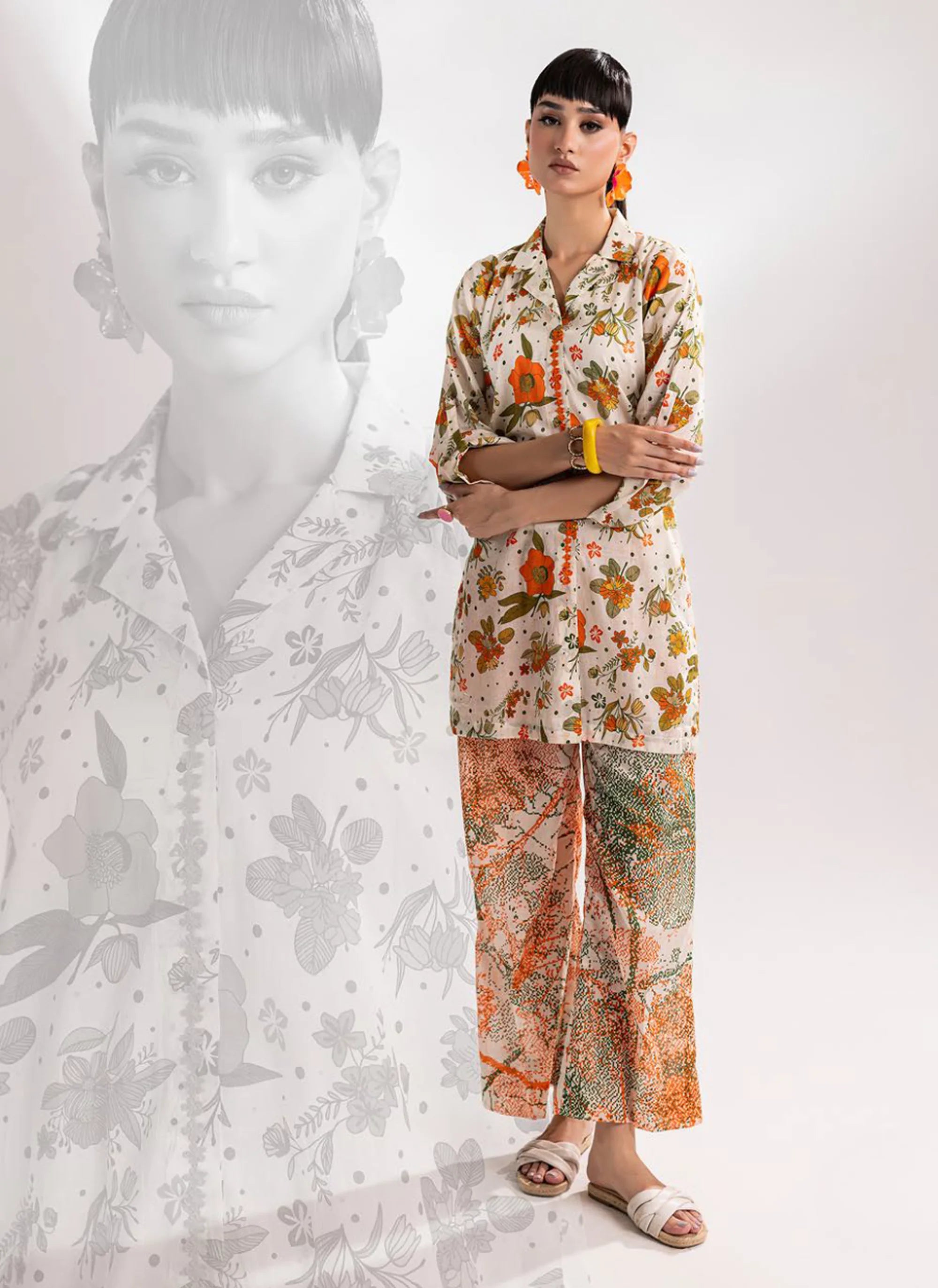 Cream Floral Printed Two-Piece Suit