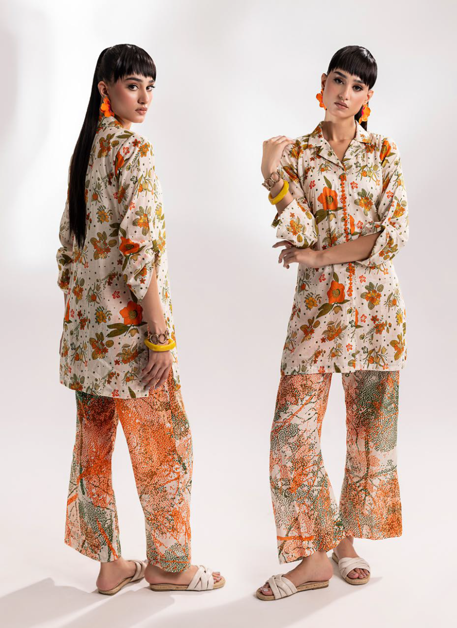 Cream Floral Printed Two-Piece Suit