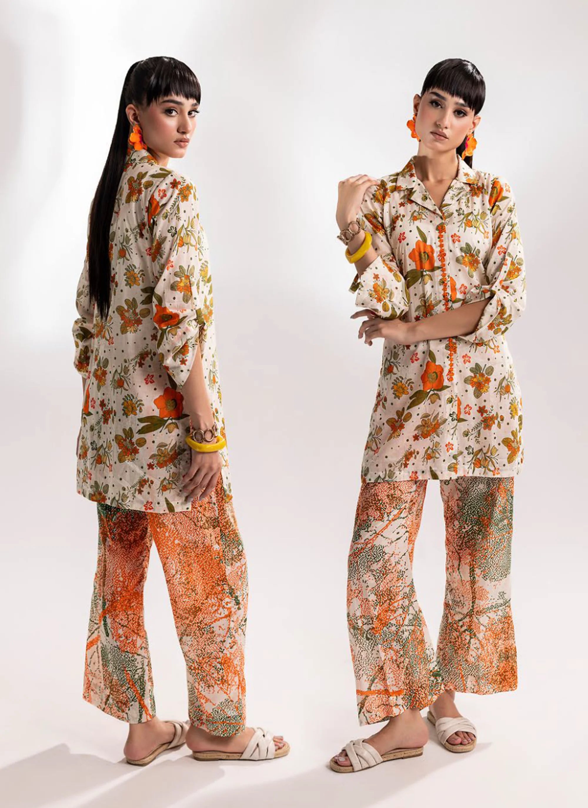 Cream Floral Printed Two-Piece Suit