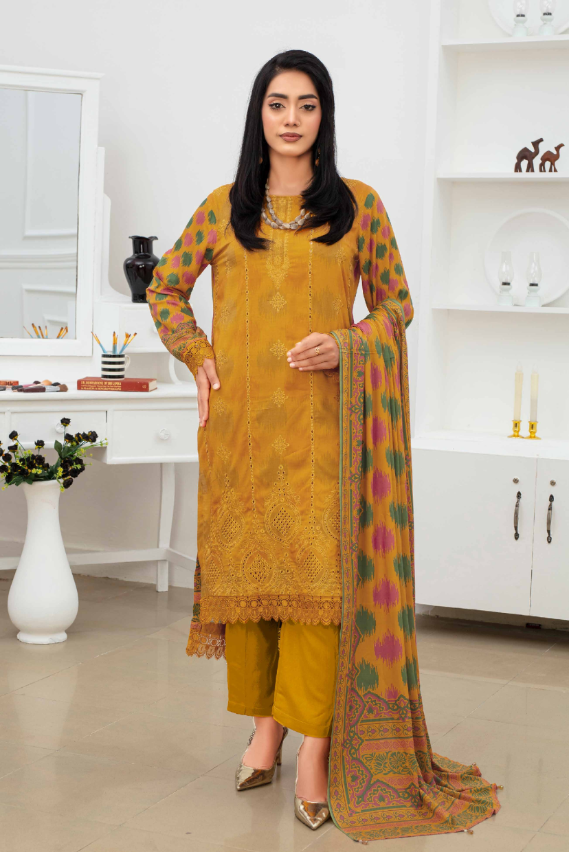 3PC Embroidered & Printed Linen Ensemble