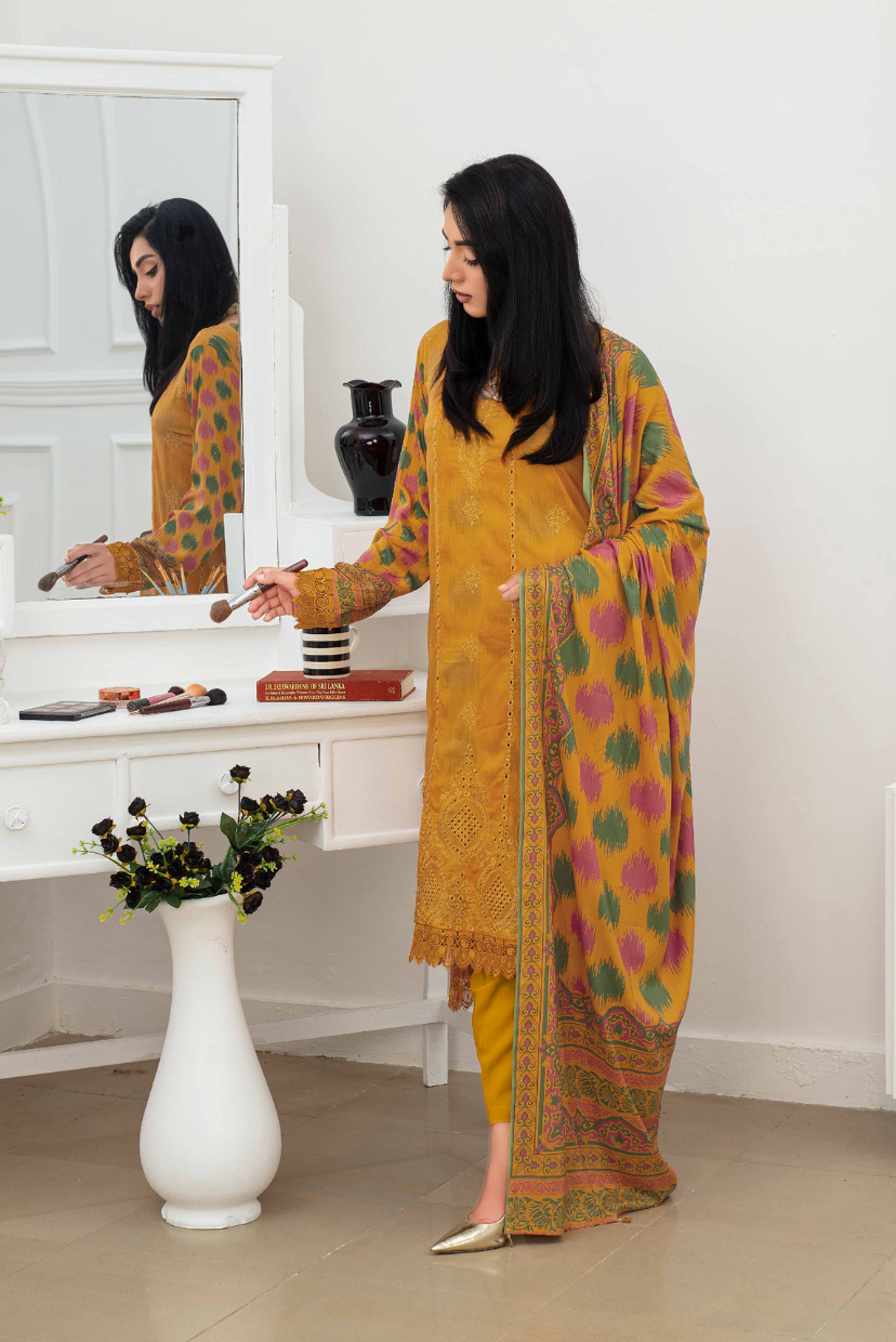 3PC Embroidered & Printed Linen Ensemble