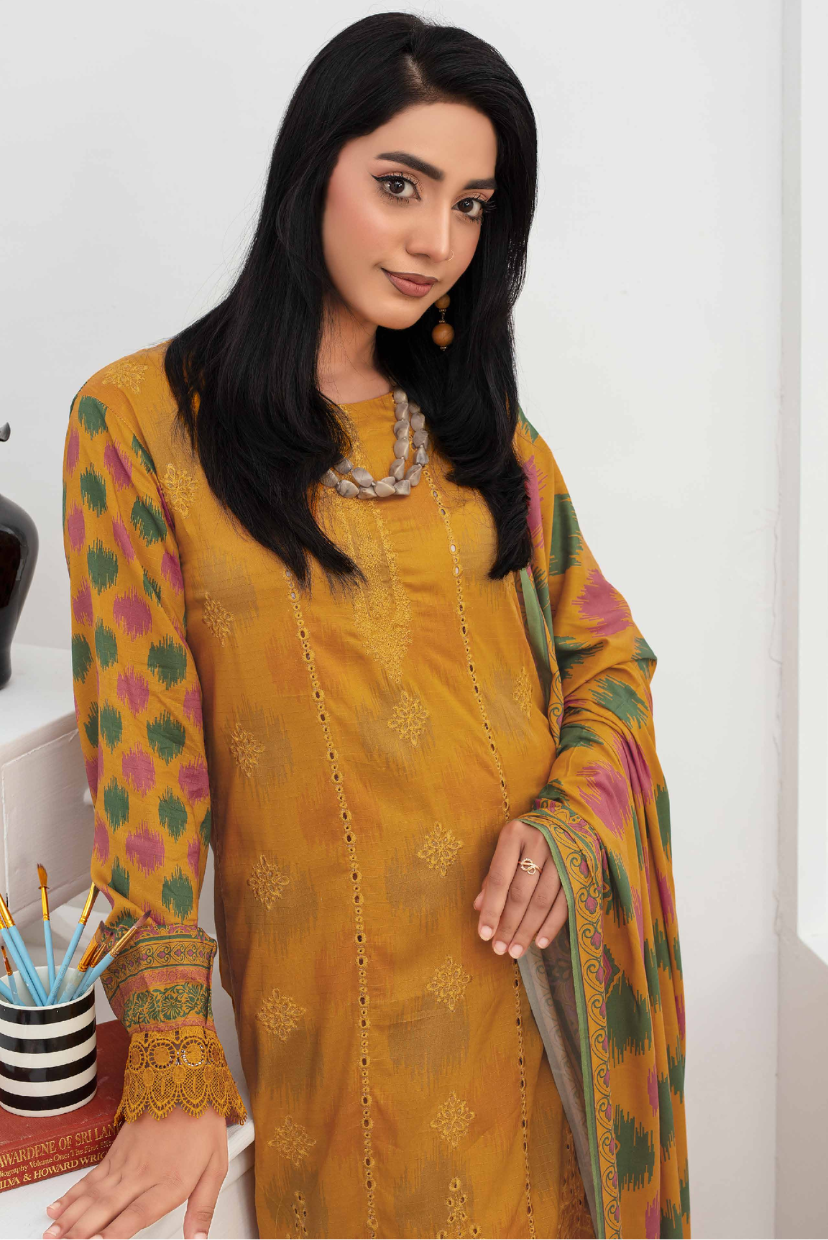 3PC Embroidered & Printed Linen Ensemble