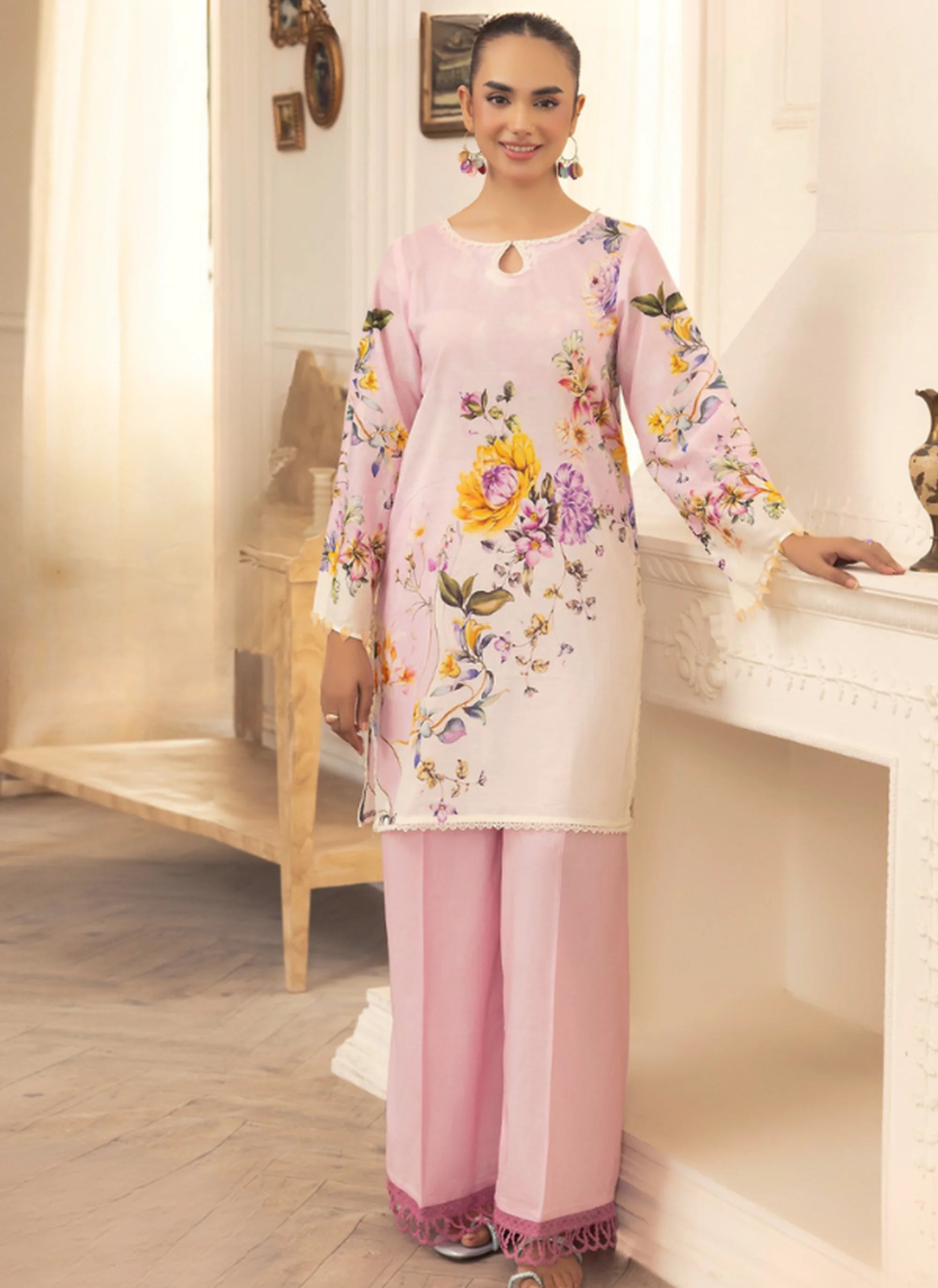 Graceful Floral Lawn Suit in Soft Pink