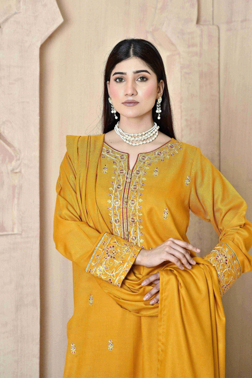 Marigold 3-Piece Embroidered Dhanak Suit
