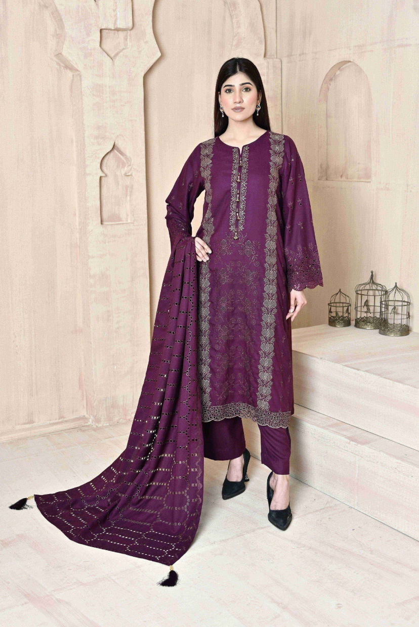 Deep Purple 3-Piece Embroidered Dhanak Suit