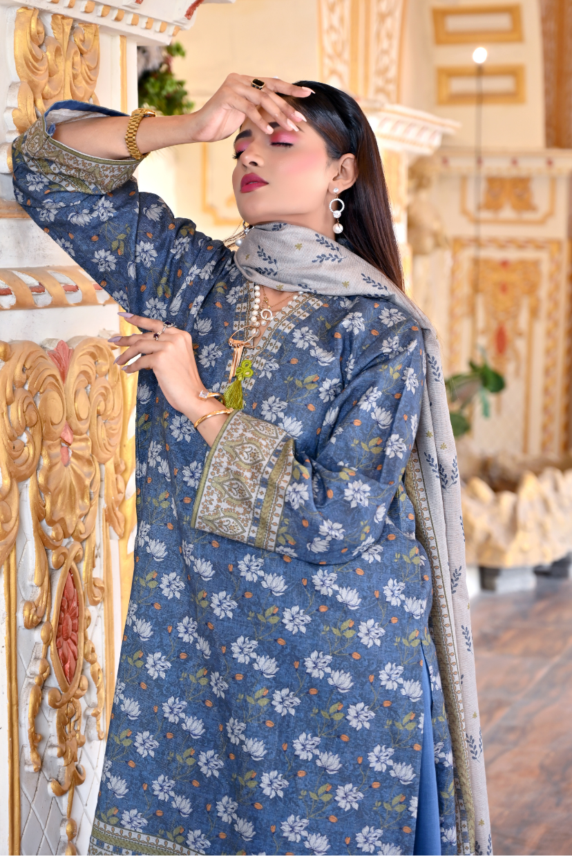 Dusty Blue 3-Piece Masoori Khaddar Suit