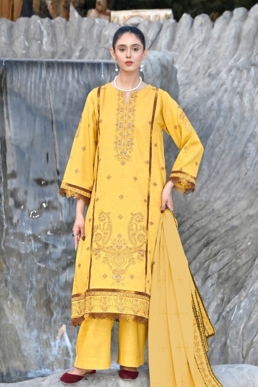 Golden Marigold 3-Piece Embroidered Khaddar Suit