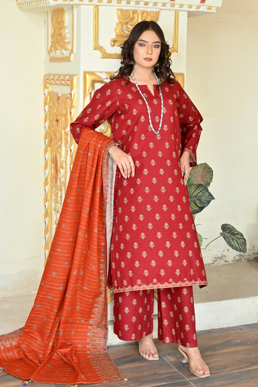 Rust Orange 3- Piece Printed Khaddar Suit