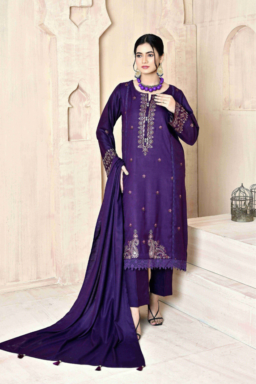 Royal Purple 3-Piece Embroidered Dhanak Suit