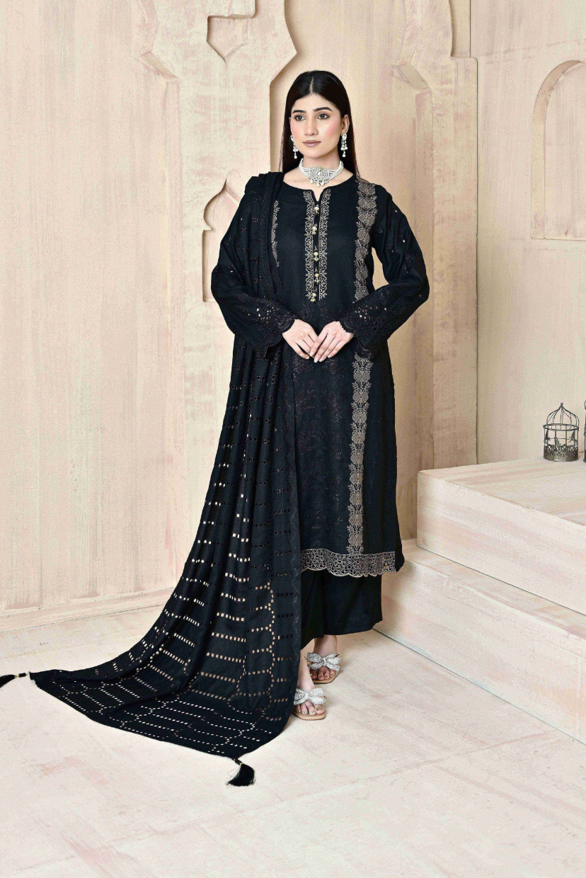 Classic Black 3-Piece Embroidered Dhanak Suit