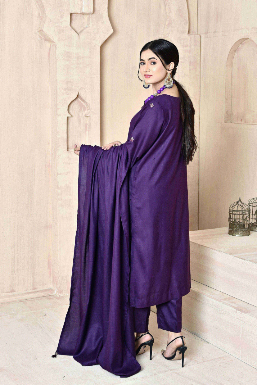 Royal Purple 3-Piece Embroidered Dhanak Suit