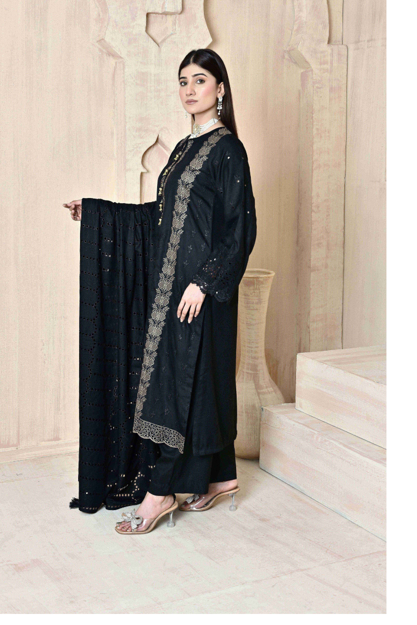 Classic Black 3-Piece Embroidered Dhanak Suit