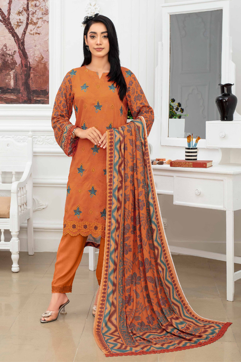 Emerald Bloom | 3PC Digital Print Embroidered Linen Suit