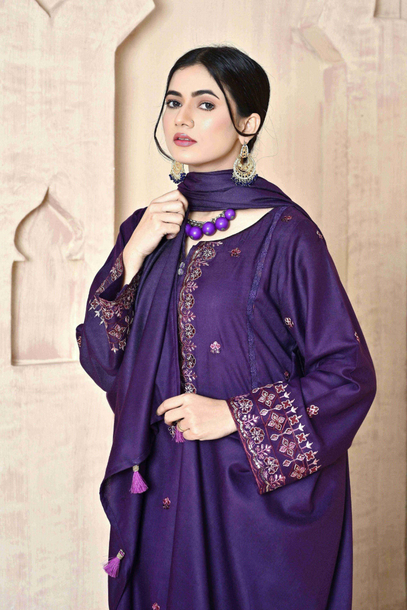 Royal Purple 3-Piece Embroidered Dhanak Suit