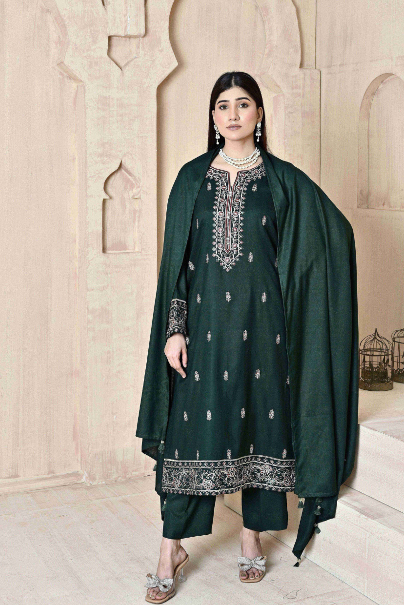 Forest Green 3-Piece Embroidered Dhanak Suit