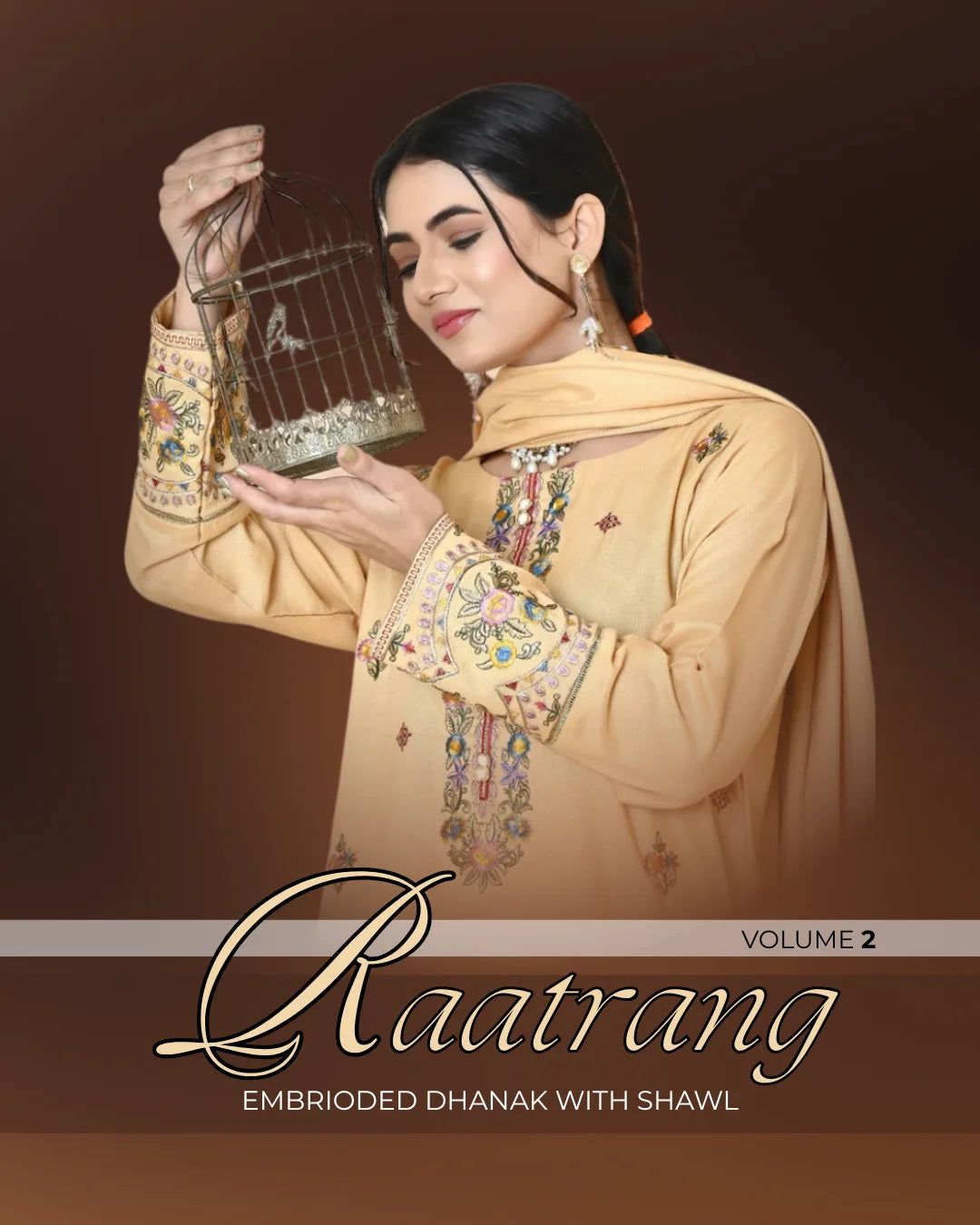 Woman holding a birdcage with embroidered traditional outfit on a brown background