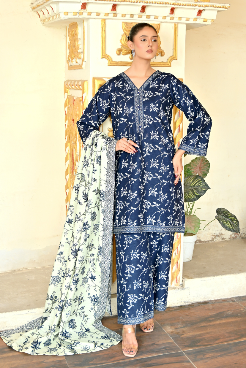 Prussian Blue  3- Piece Printed Khaddar Suit