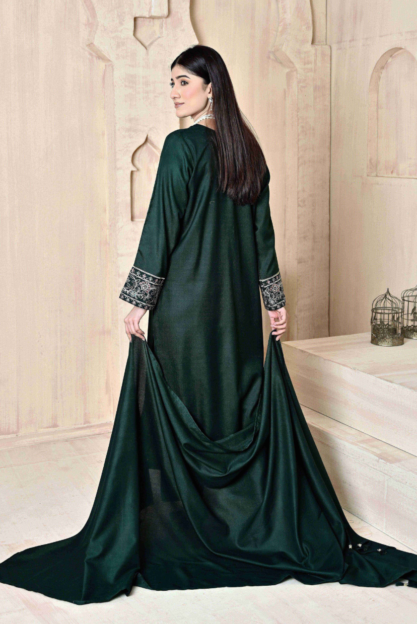 Forest Green 3-Piece Embroidered Dhanak Suit