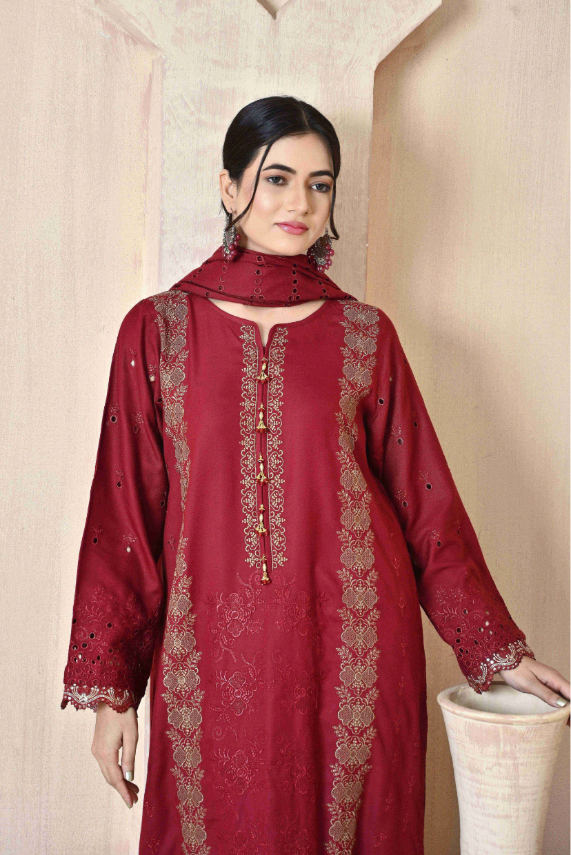 Maroon 3-Piece Embroidered Dhanak Suit