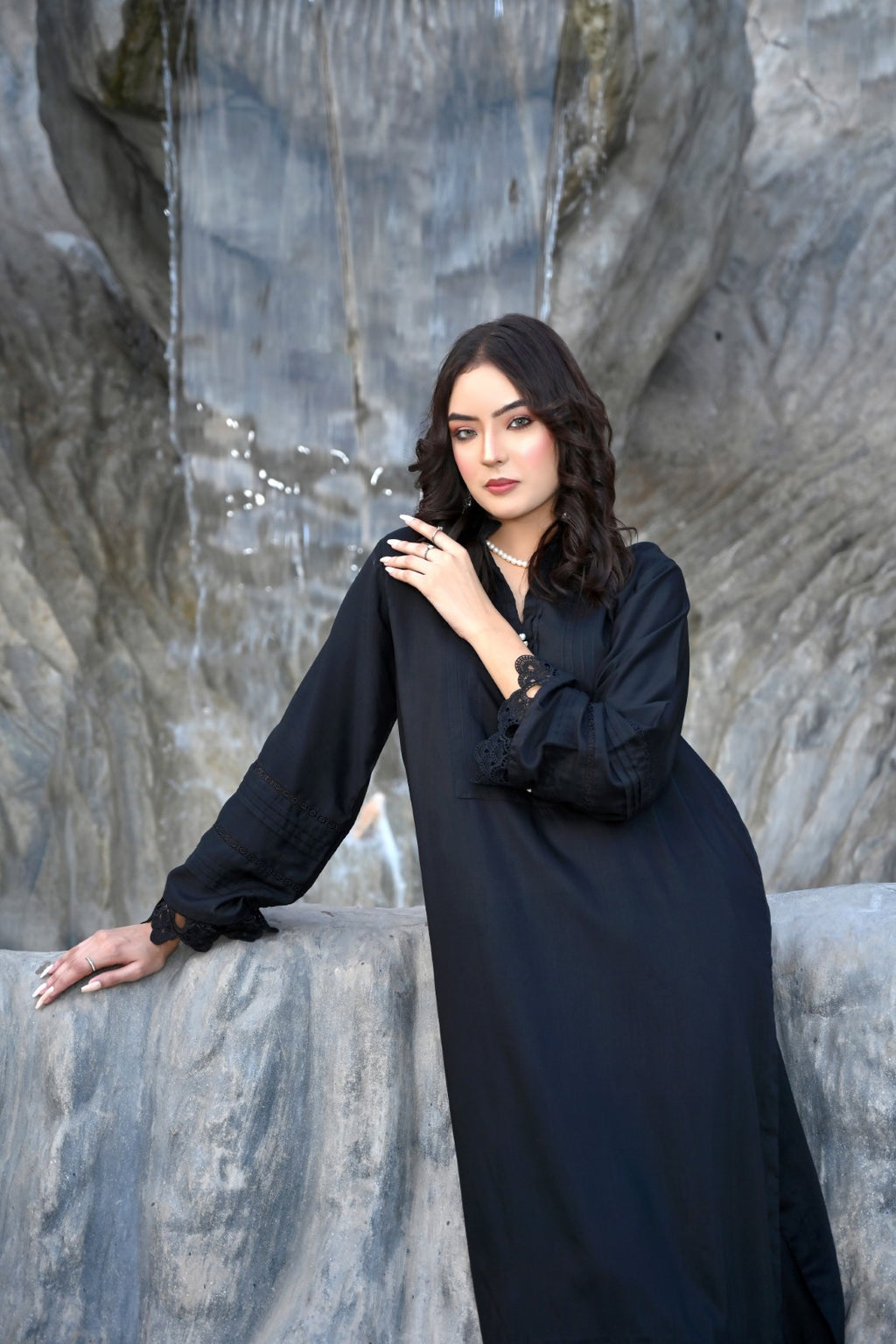 Noir Elegance - Classic Black Kurta & Trouser Set with Lace Detailing