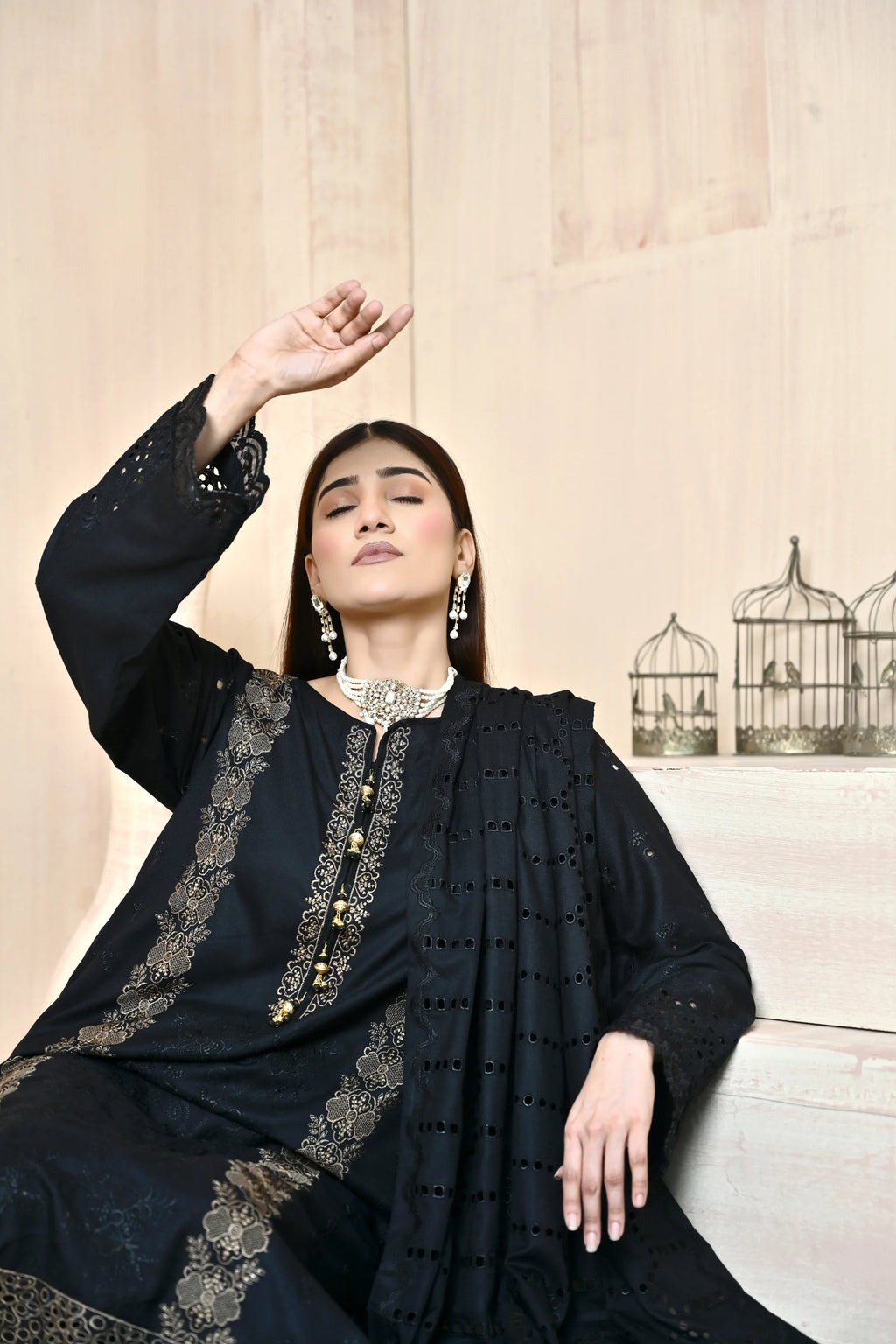 Classic Black 3-Piece Embroidered Dhanak Suit