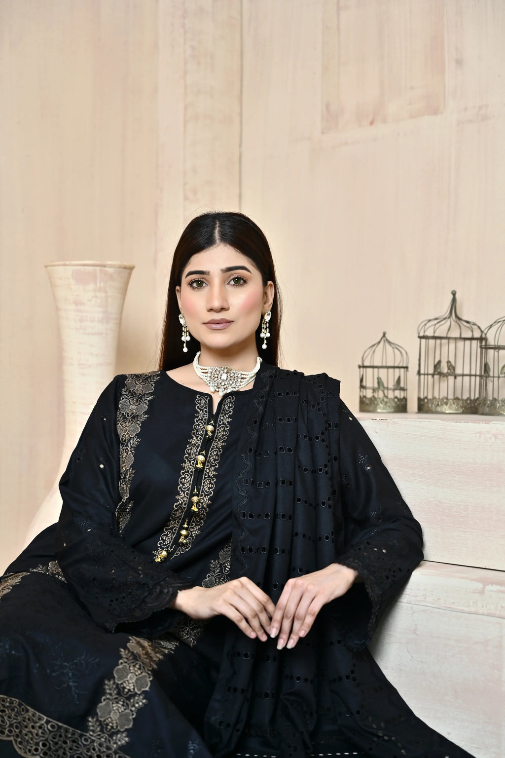 Classic Black 3-Piece Embroidered Dhanak Suit