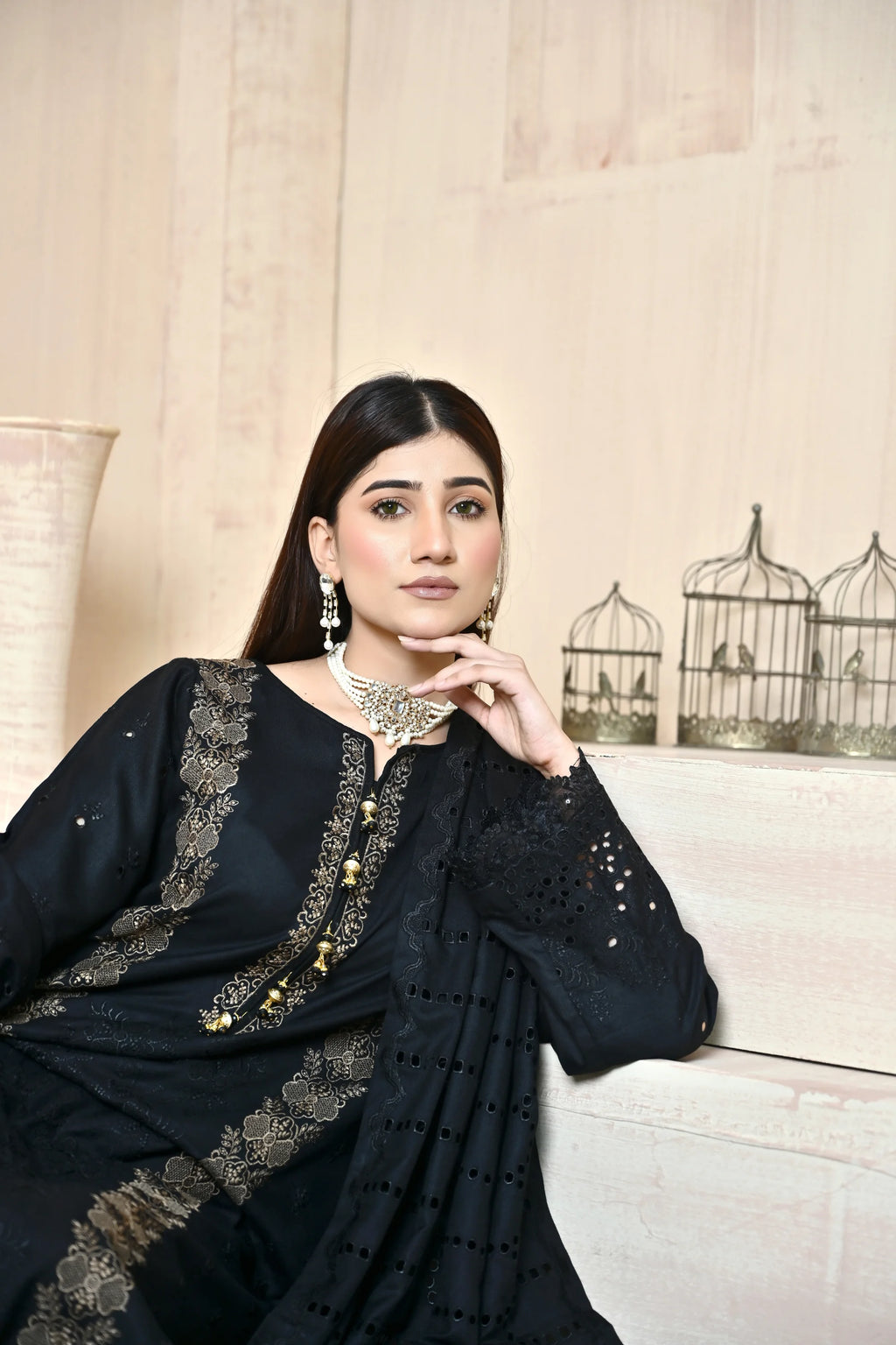Classic Black 3-Piece Embroidered Dhanak Suit