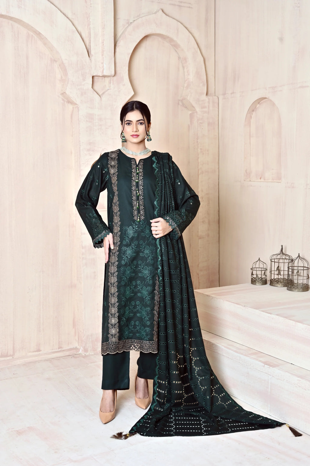 Deep Green 3-Piece Embroidered Dhanak Suit