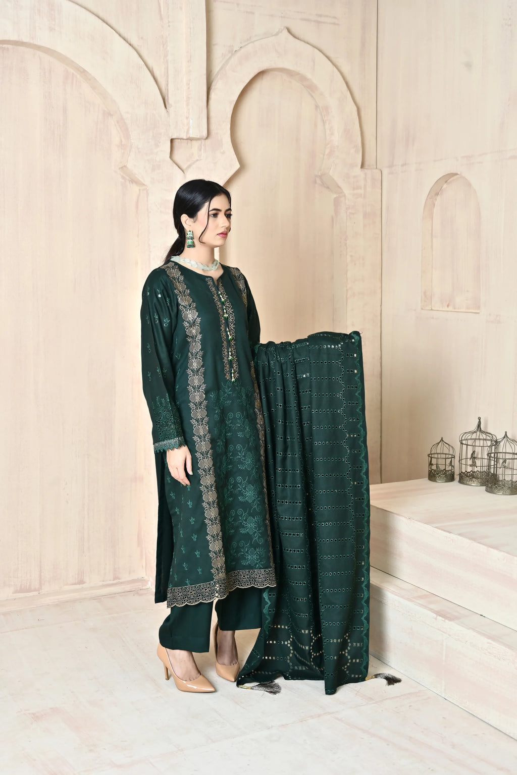 Deep Green 3-Piece Embroidered Dhanak Suit