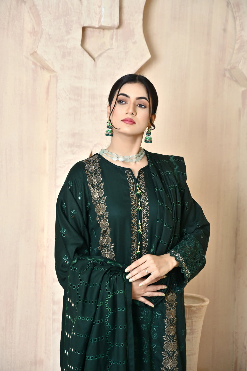 Deep Green 3-Piece Embroidered Dhanak Suit
