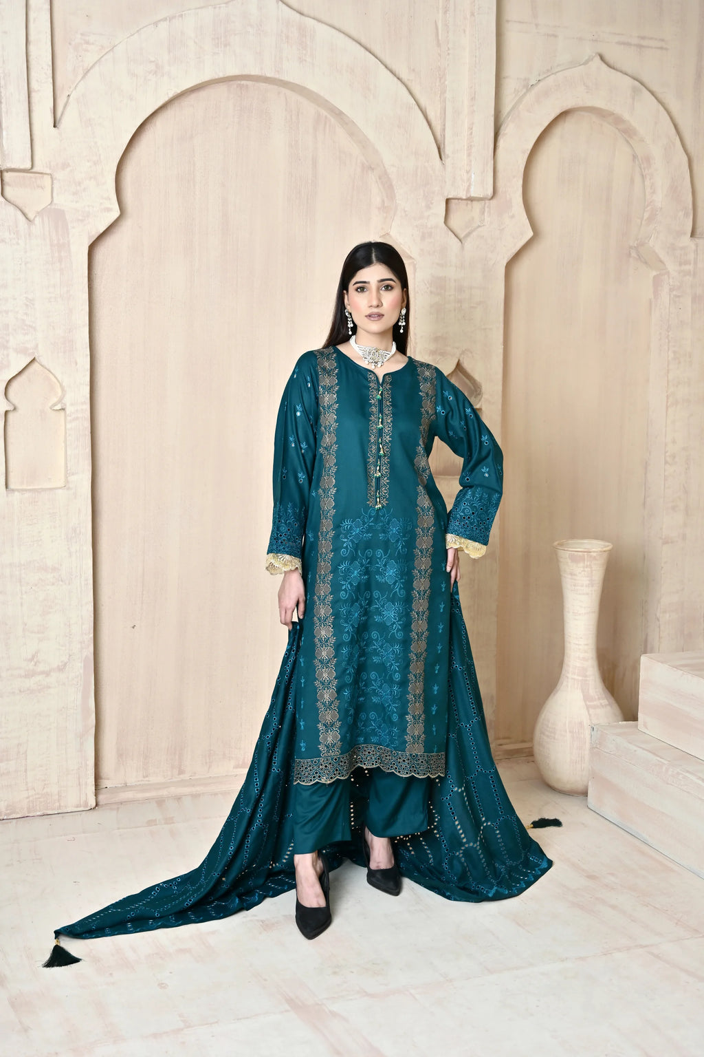 Teal 3-Piece Embroidered Dhanak Suit