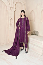 Deep Purple 3-Piece Embroidered Dhanak Suit
