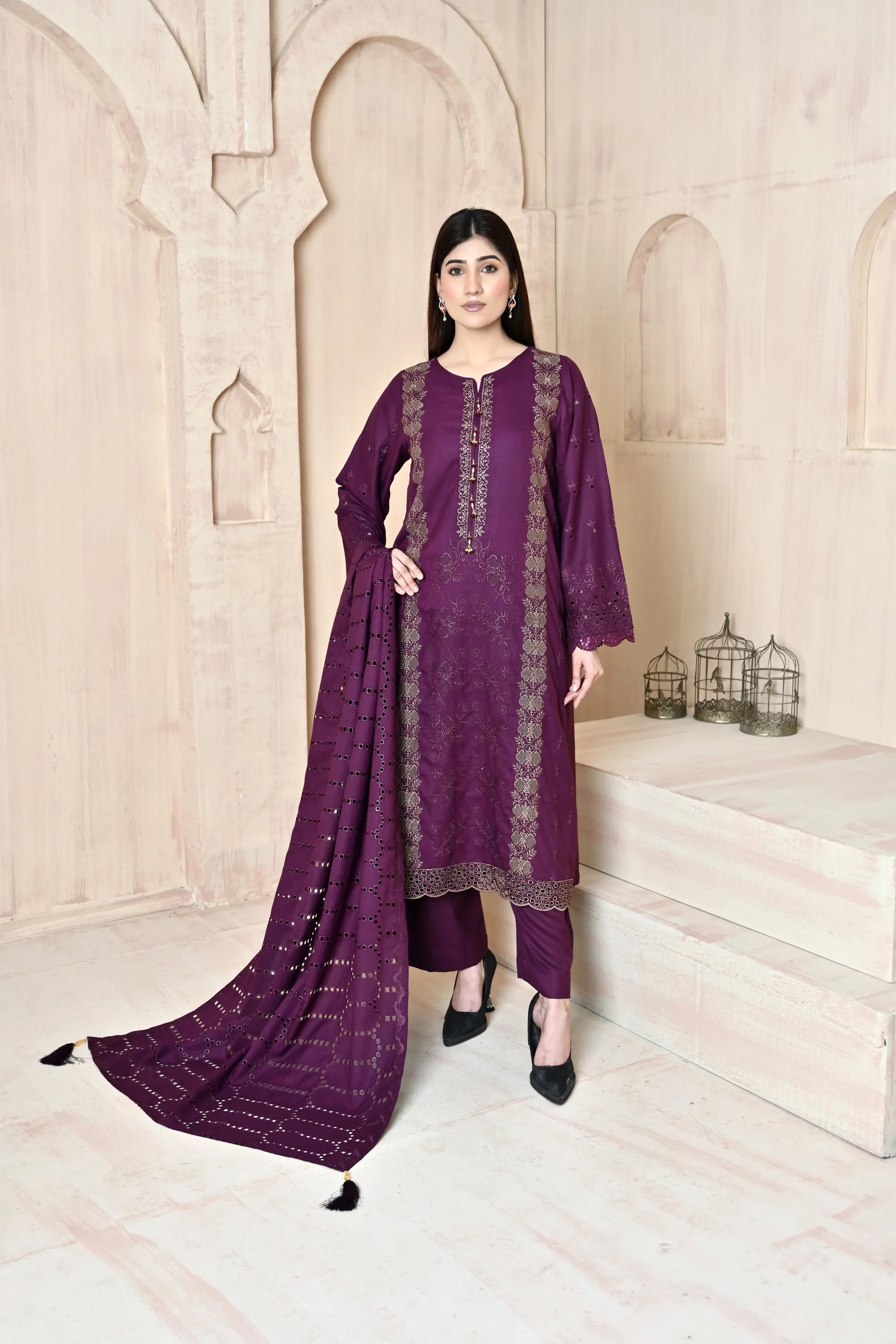 Deep Purple 3-Piece Embroidered Dhanak Suit