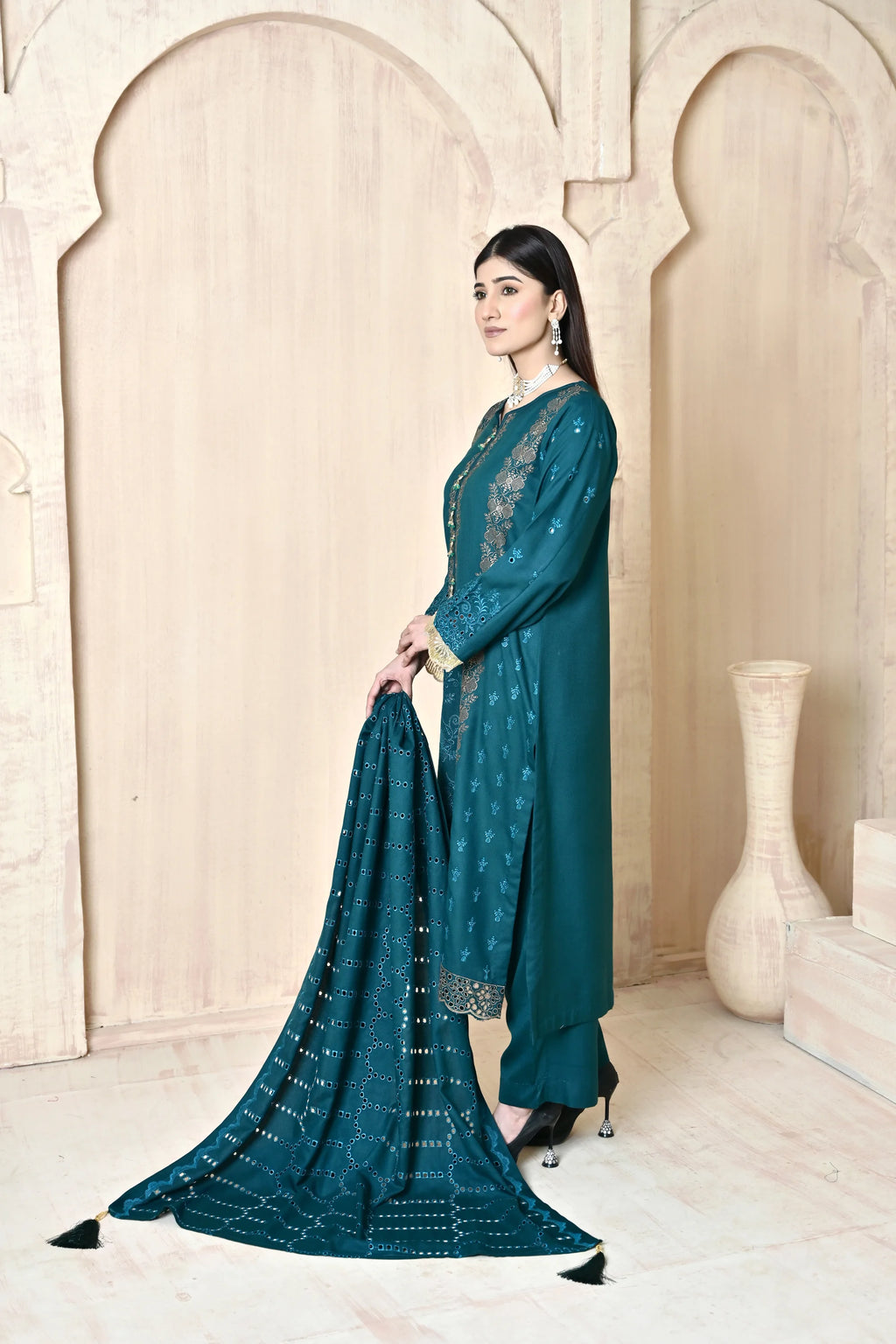 Teal 3-Piece Embroidered Dhanak Suit