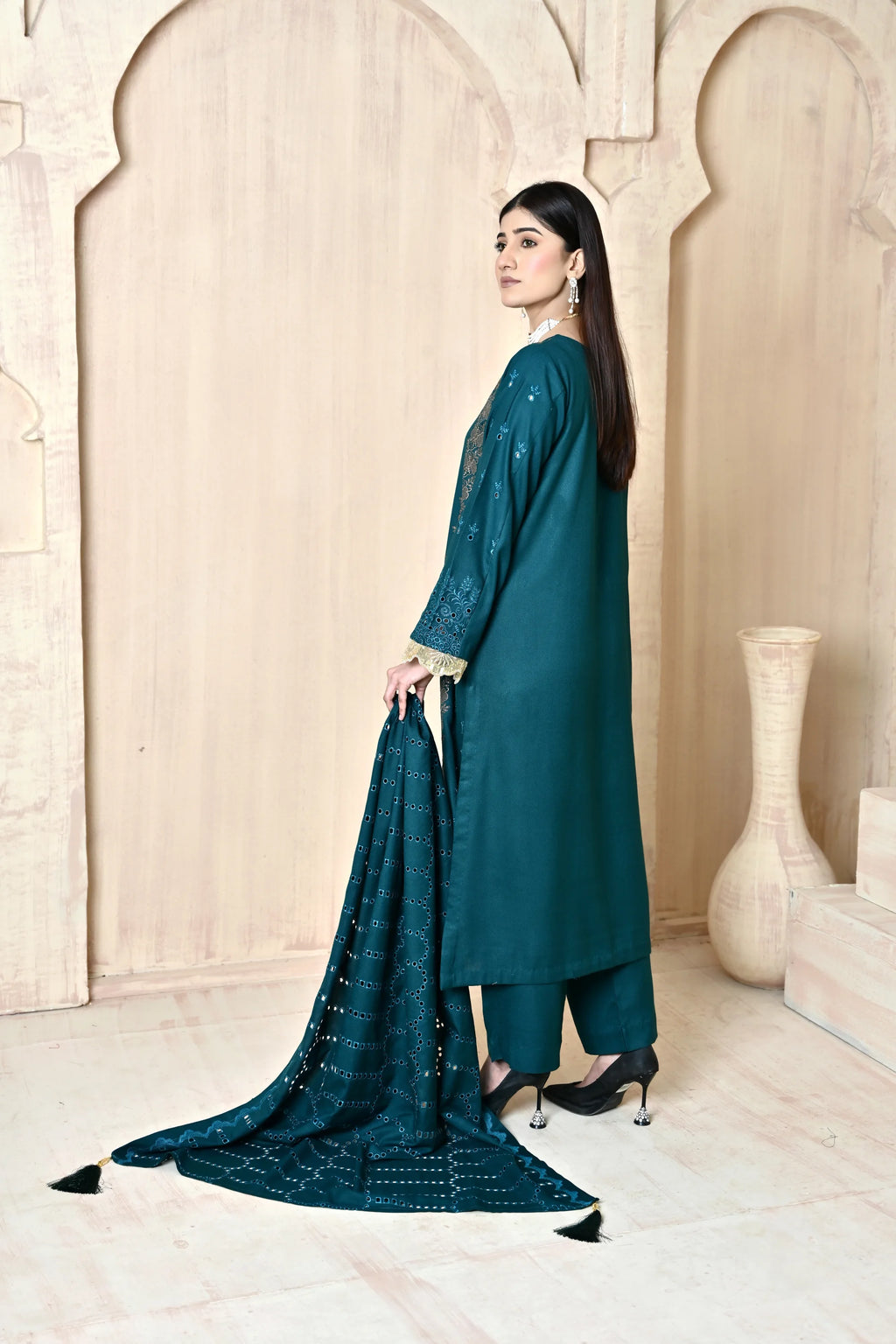 Teal 3-Piece Embroidered Dhanak Suit